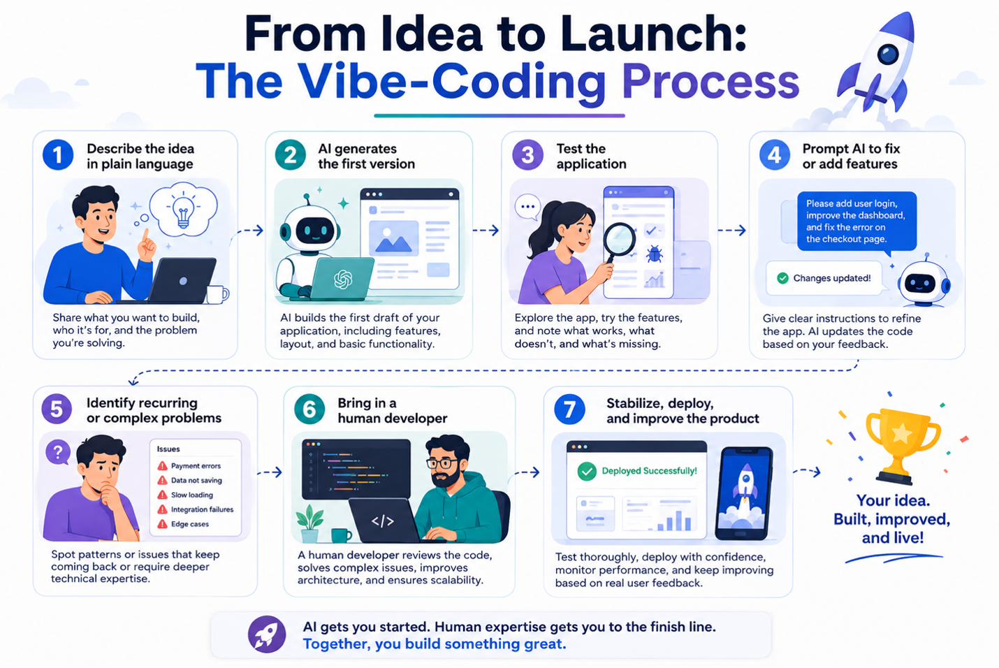Seven-step process showing how an AI-generated idea moves from prompting to human developer review and launch.