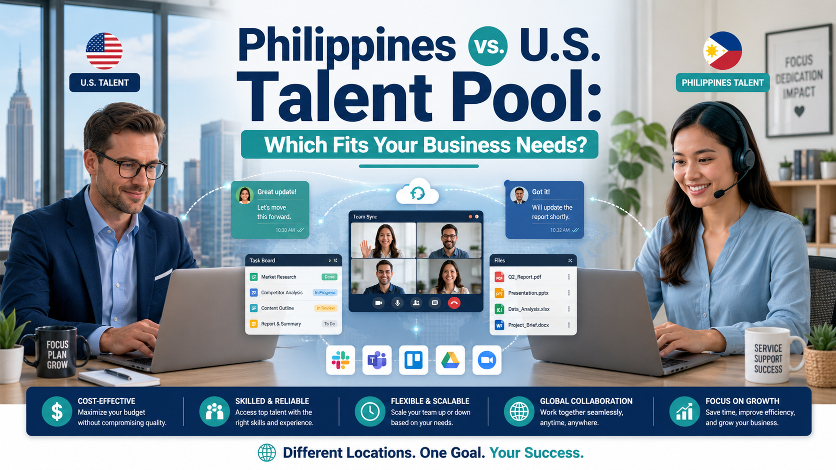 Philippines vs. U.S. talent pool comparison for small businesses hiring local employees or offshore virtual assistants.