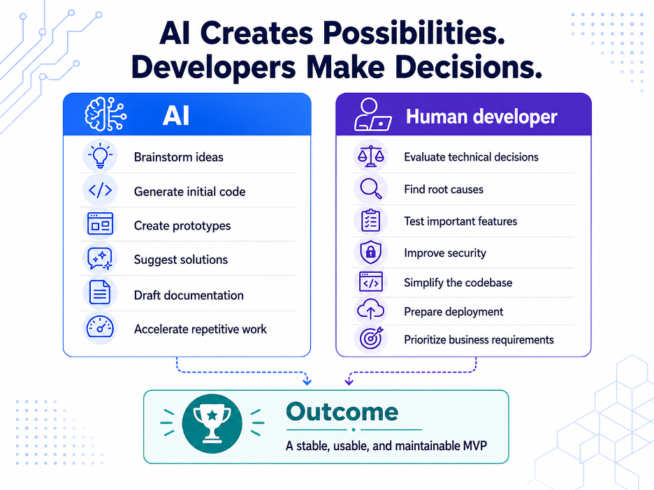 Diagram comparing AI coding tasks with human developer responsibilities and showing a stable MVP as the outcome.