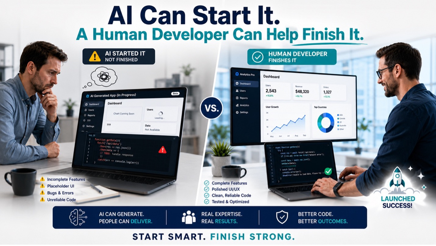 Business owner and human developer working together to finish an AI-built application.