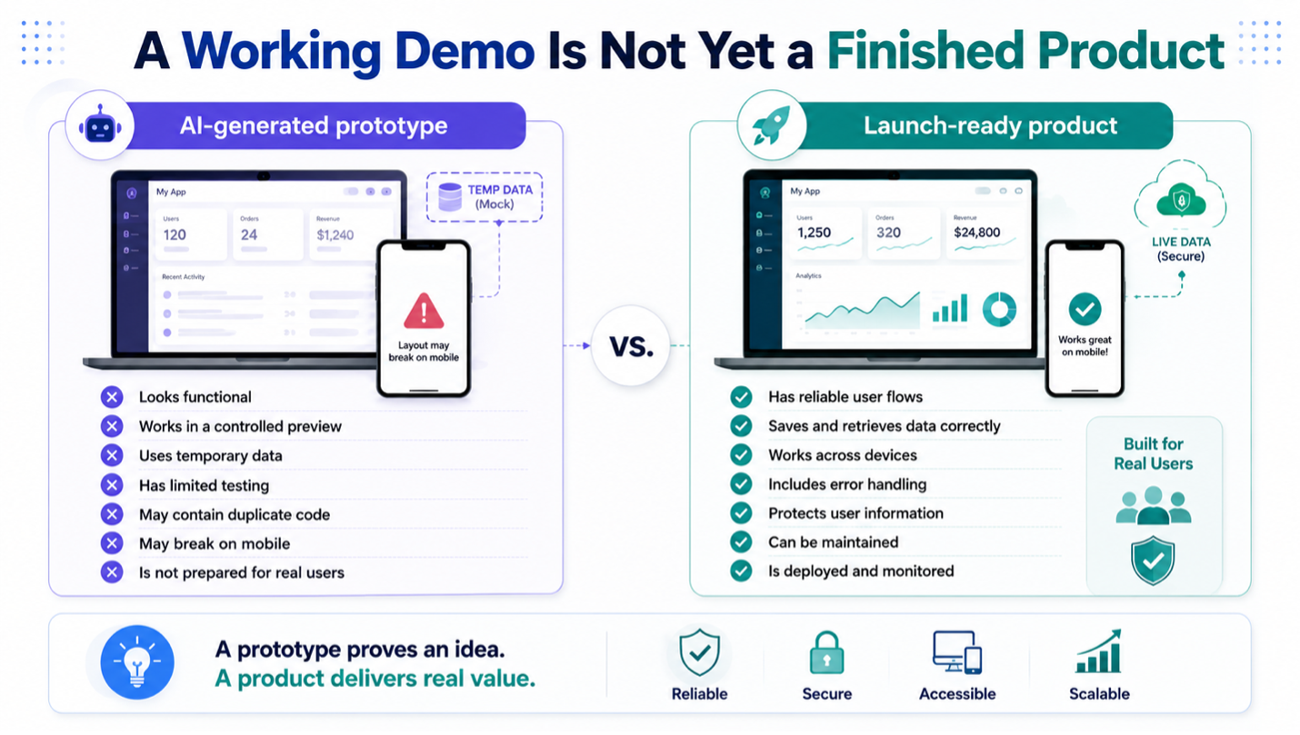 Comparison between an AI-generated software prototype and a stable, secure, launch-ready product.