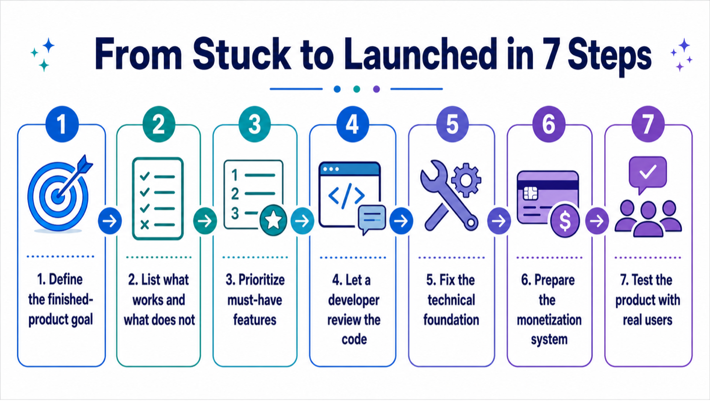 Seven-step roadmap for reviewing, repairing, monetizing, and launching an AI-built software project. 