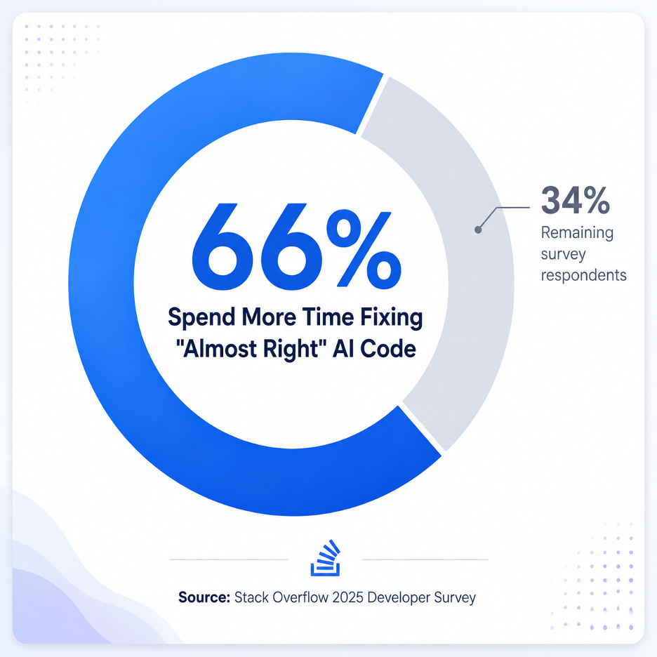 Donut chart showing that 66 percent of developers spend more time fixing nearly correct AI-generated code.