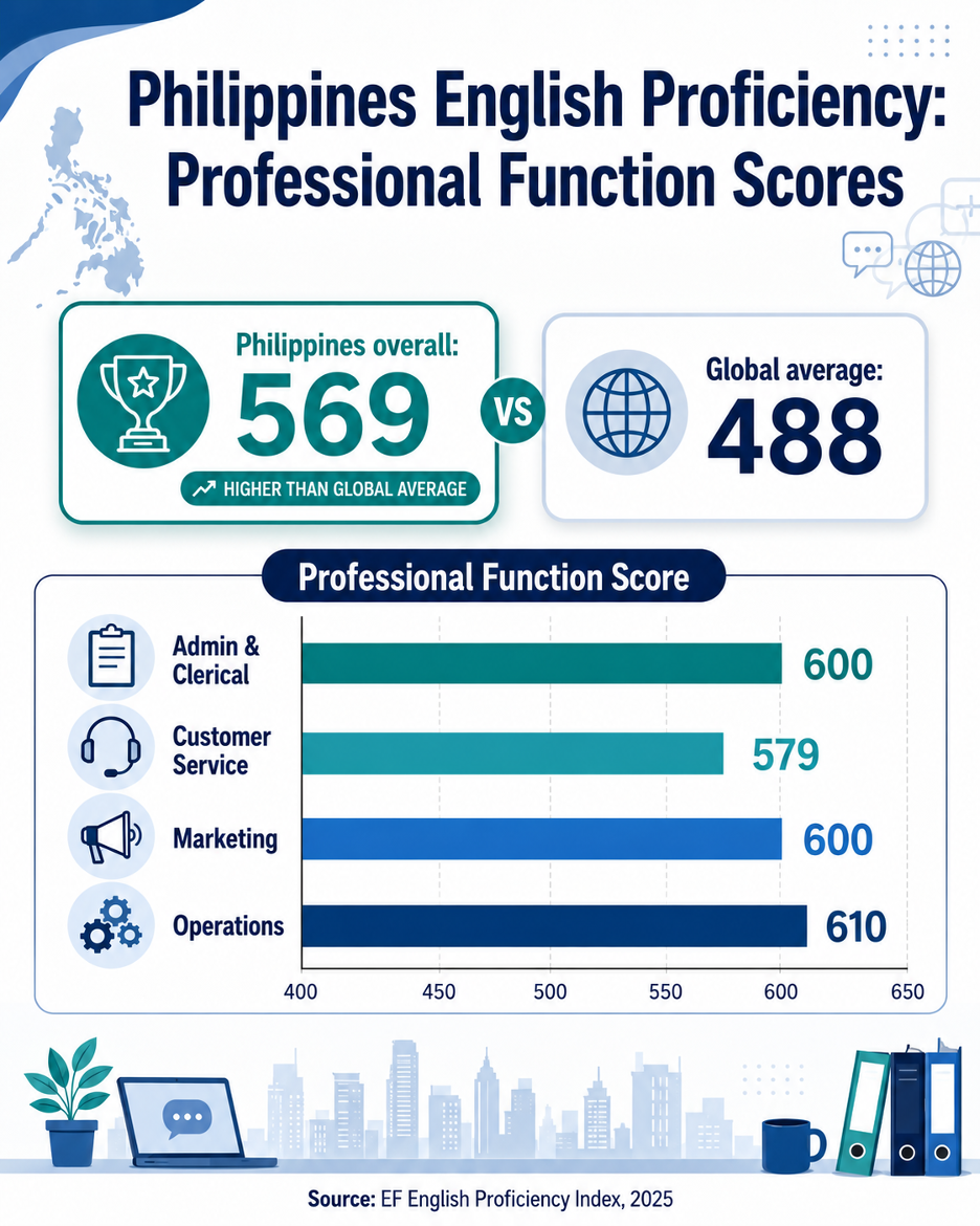 Bar chart showing 2025 English proficiency scores for professional functions in the Philippines including admin, customer service, marketing, and operations.